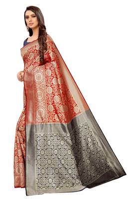 red woven art silk saree with blouse 2