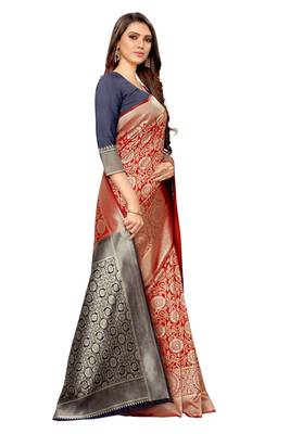 red woven art silk saree with blouse 3