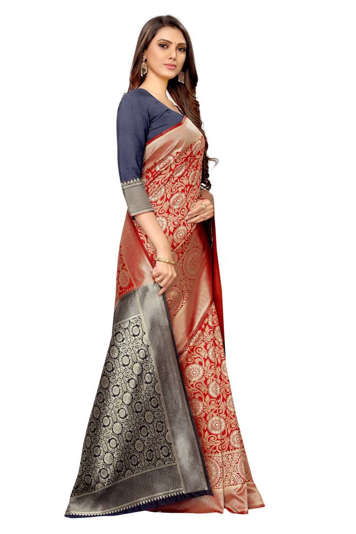 red woven art silk saree with blouse