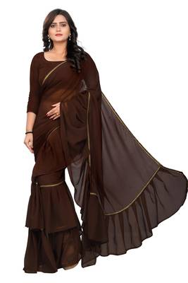 brown plain georgette saree with blouse 1