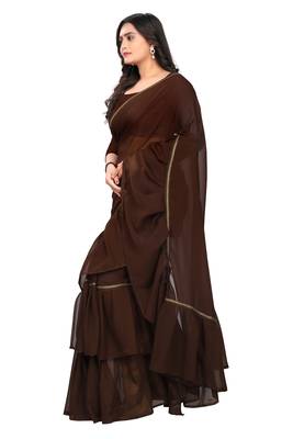 brown plain georgette saree with blouse 2