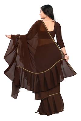 brown plain georgette saree with blouse 3
