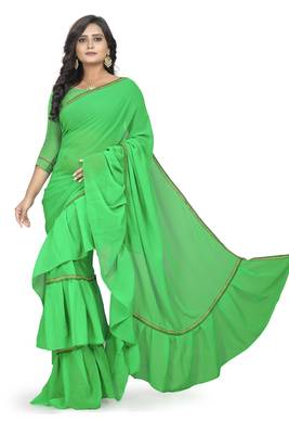 green plain georgette saree with blouse 1