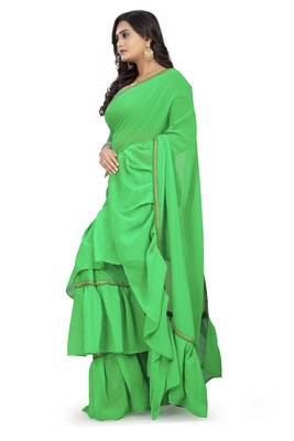 green plain georgette saree with blouse 2
