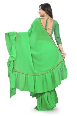 green plain georgette saree with blouse 3