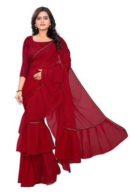 maroon plain georgette saree with blouse 1