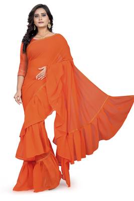 orange plain georgette saree with blouse 1