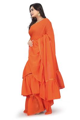 orange plain georgette saree with blouse 2