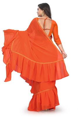 orange plain georgette saree with blouse 3