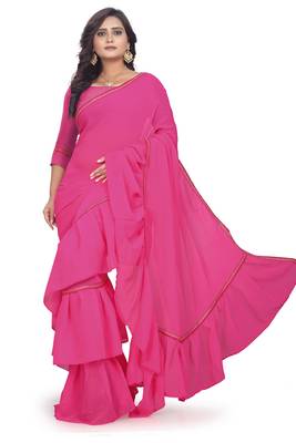 pink plain georgette saree with blouse 1