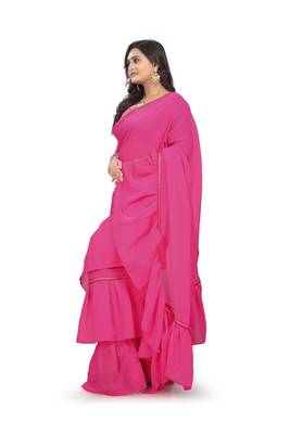 pink plain georgette saree with blouse 2