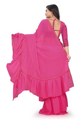pink plain georgette saree with blouse 3