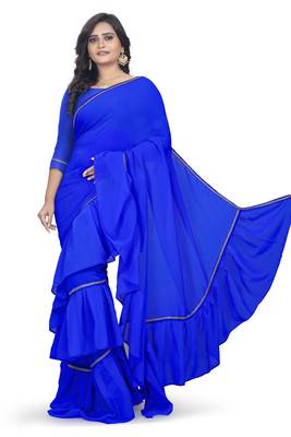 blue plain georgette saree with blouse 1