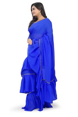 blue plain georgette saree with blouse 2