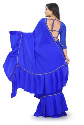 blue plain georgette saree with blouse 3