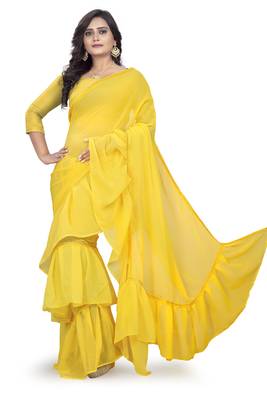 yellow plain georgette saree with blouse 1