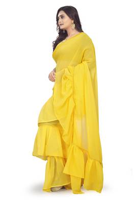 yellow plain georgette saree with blouse 2