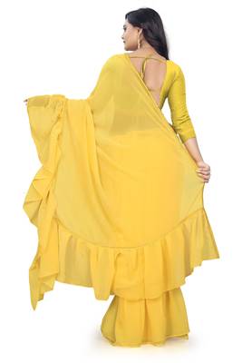 yellow plain georgette saree with blouse 3