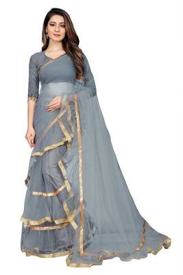 grey plain net saree with blouse 1