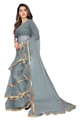 grey plain net saree with blouse 2