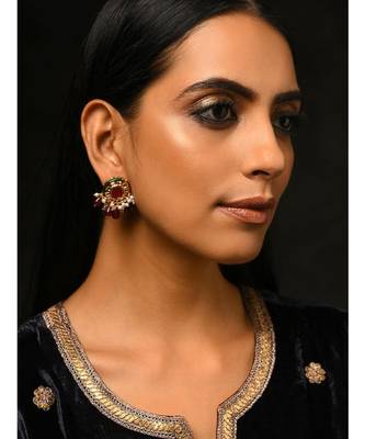 Red Gold Tone Natural Stone With Pearl Studs 1