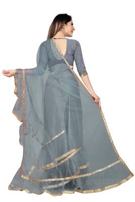 grey plain net saree with blouse 3