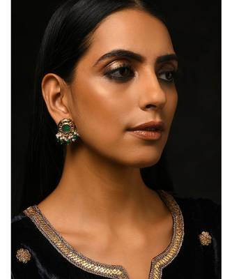 Green Gold Tone Natural Stone With Pearl Studs 1