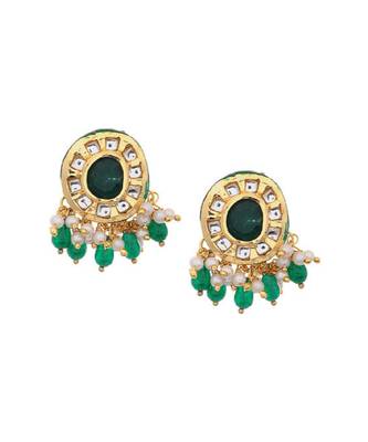 Green Gold Tone Natural Stone With Pearl Studs 2