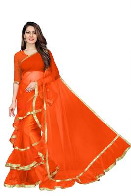 orange plain net saree with blouse 1
