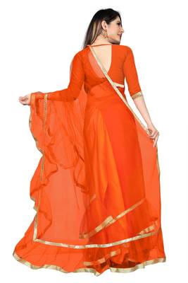 orange plain net saree with blouse 2