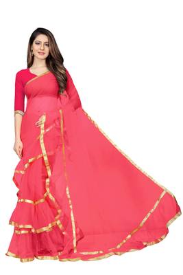 pink plain net saree with blouse 1