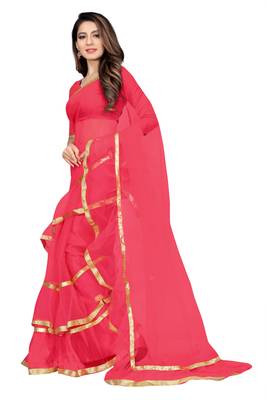 pink plain net saree with blouse 2