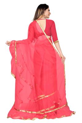 pink plain net saree with blouse 3