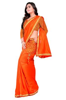 orange plain tussar silk saree with blouse 1