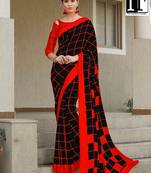 Red Printed Faux Satin Saree With Blouse