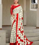 Red Printed Faux Satin Saree With Blouse