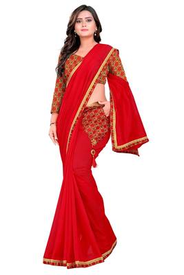 red plain tussar silk saree with blouse 1