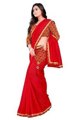 red plain tussar silk saree with blouse 2
