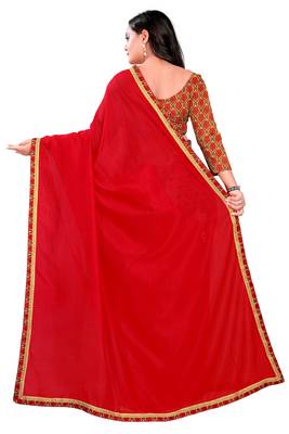 red plain tussar silk saree with blouse 3