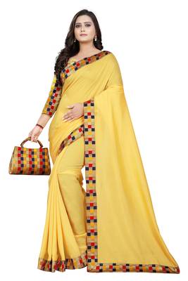 yellow plain tussar silk saree with blouse 1
