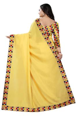 yellow plain tussar silk saree with blouse 3