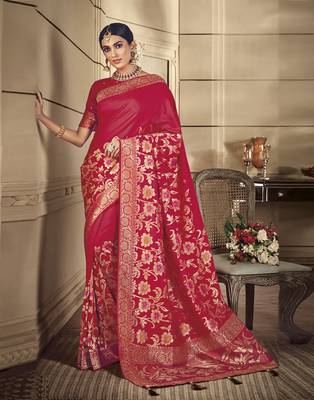 Red woven banarasi silk saree with blouse 1