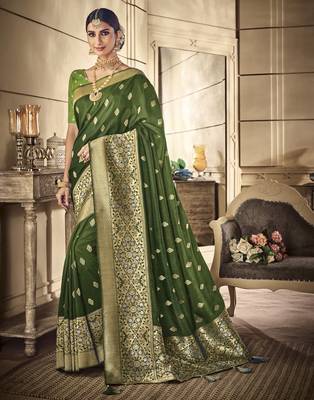 Mehendi woven banarasi silk saree with blouse 1