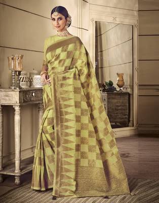 Yellow woven banarasi silk saree with blouse 1