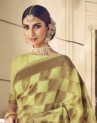 Yellow woven banarasi silk saree with blouse 3