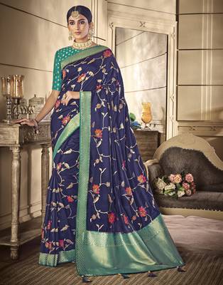   blue woven banarasi silk saree with blouse 1