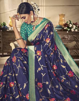   blue woven banarasi silk saree with blouse 2