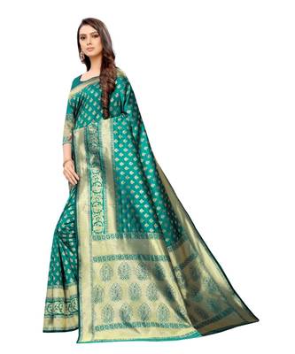 green woven jacquard saree with blouse 3