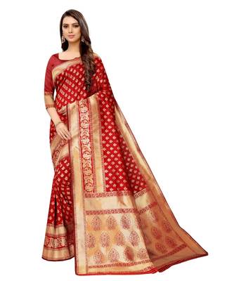 red woven jacquard saree with blouse 1