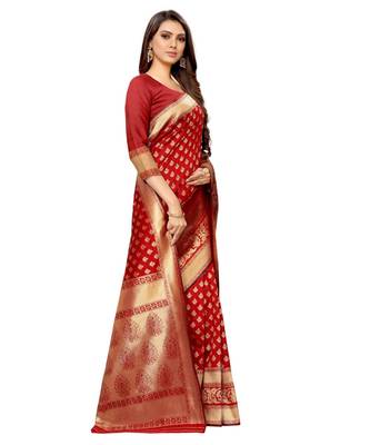 red woven jacquard saree with blouse 4